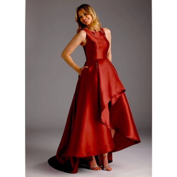 Adrianna Papell High Low Mikado Gown Ruffle Sleeveless Midi Maxi Satin Dress - Picture 1 of 12